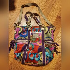 Limited Edition Vintage Coach Poppy Multicolor Shoulder Bag with Gold Accents